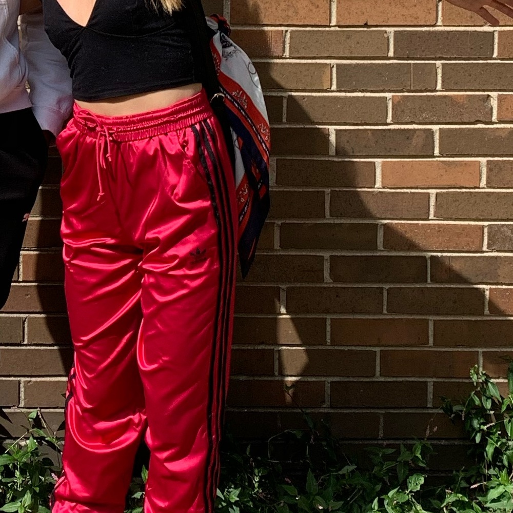 Red satin adidas joggers XS